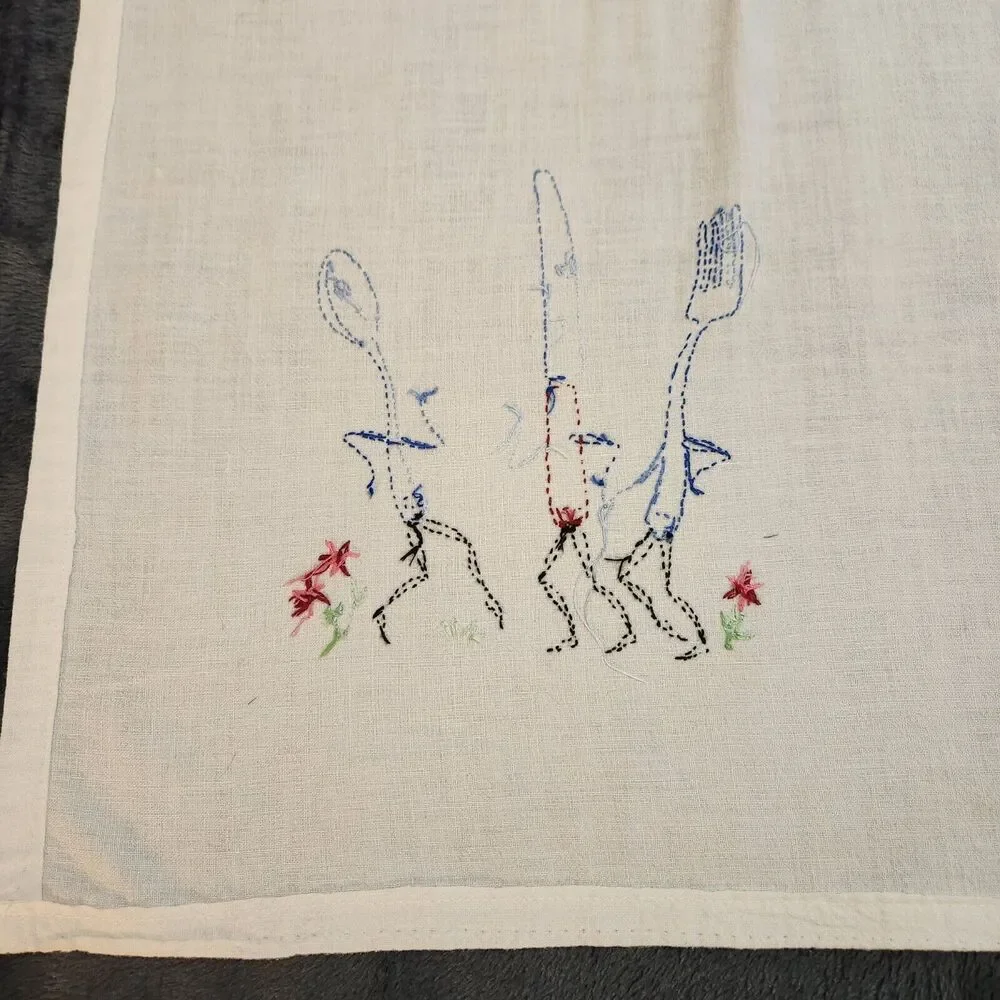 Embroidered Tablecloth Knife Spoon Fork Anthropomorphic Square 34x33in Whimsical